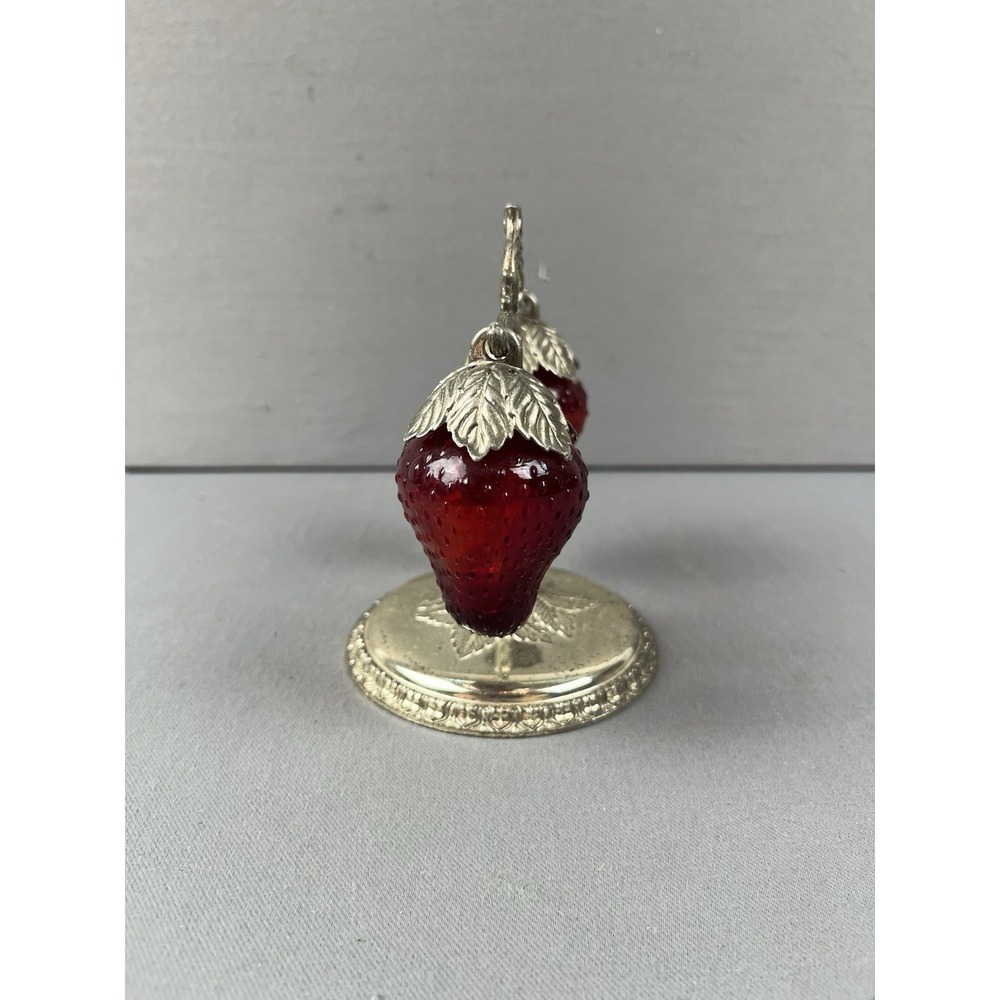 Vintage Kitschy 1950s Glass Strawberry Salt & Pepper Shakers w/ Silver Stand - Picture 2 of 12